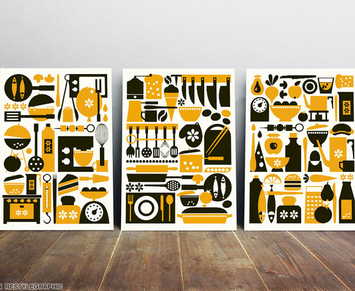 Yellow And Black Kitchen Art Set From 3