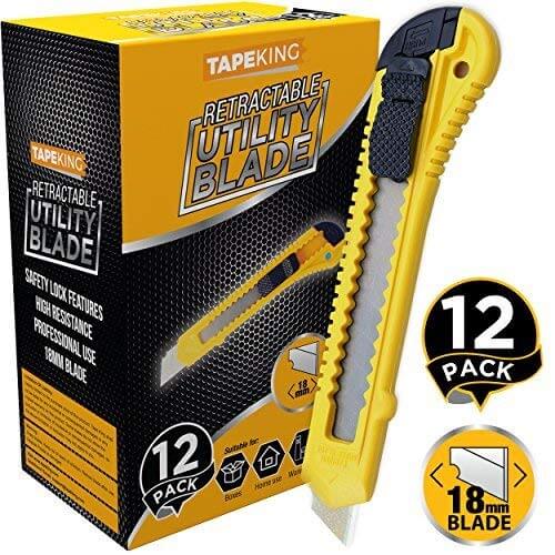 Tape King Utility Knife Box Cutters (12-Pack Bulk, 18mm Wide Blade Cutter) - Retractable, Compact, Extended Use for Heavy Duty Office, Home, Arts Crafts,