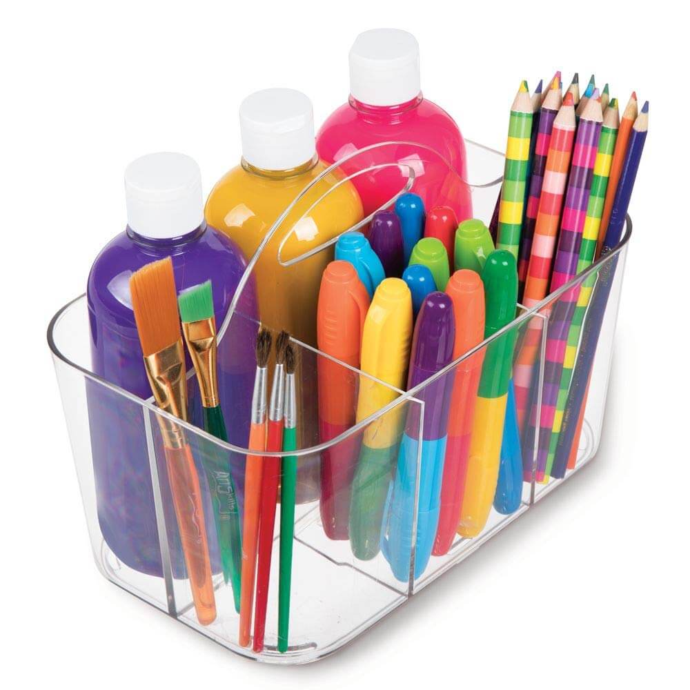 mDesign Plastic Portable Craft Storage Organizer Caddy Tote, Divided Basket Bin with Handle for Craft, Sewing, Art Supplies - Holds Paint Brushes, Colored Pencils, Stickers, Glue, Yarn